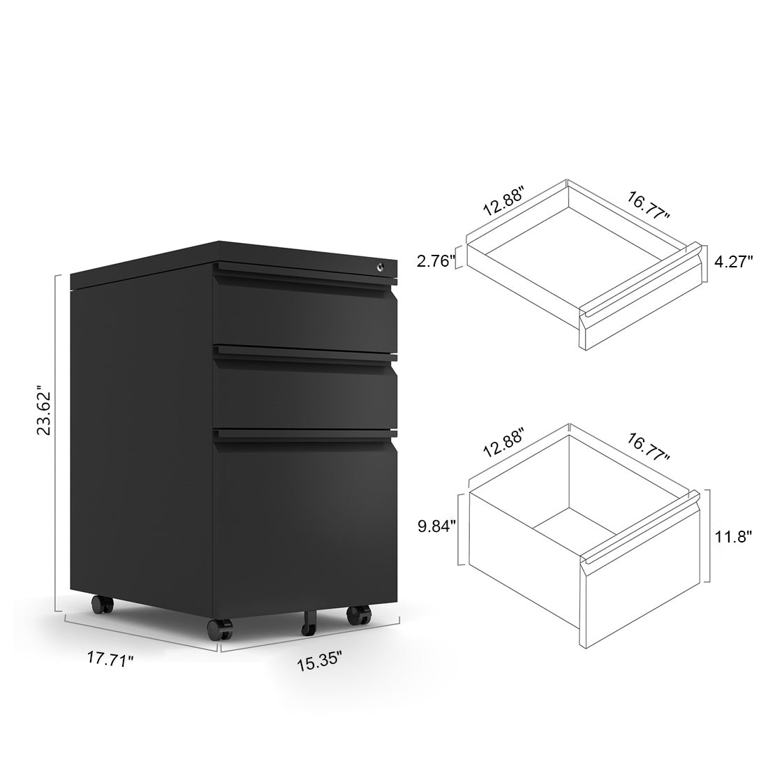 3-drawer mobile file cabinet with lock, black