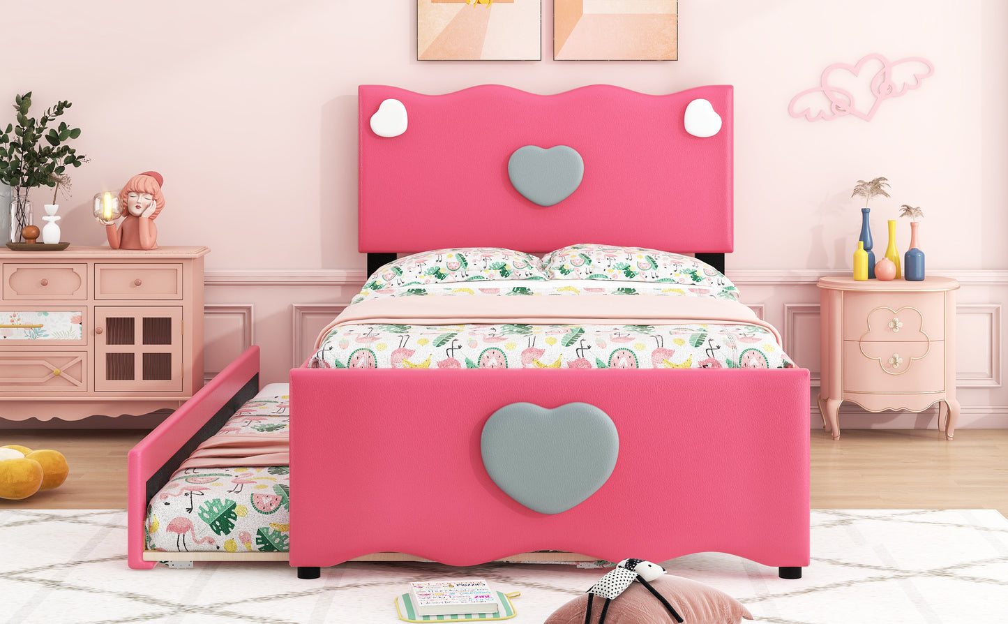 Twin Size Upholstered Platform Bed with Trundle and Heart Shaped Decoration, Dark Pink