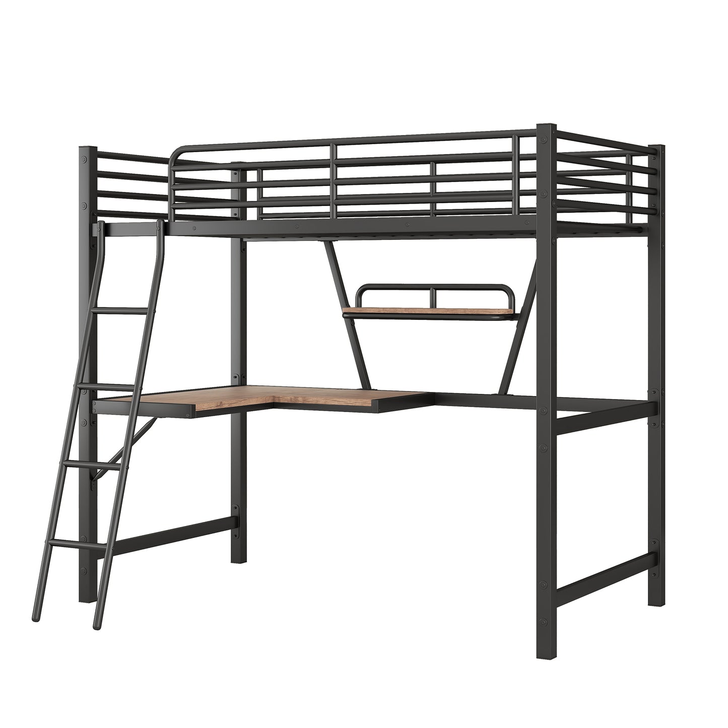 Twin Size Loft Metal & MDF Bed with Desk and Shelf, Black