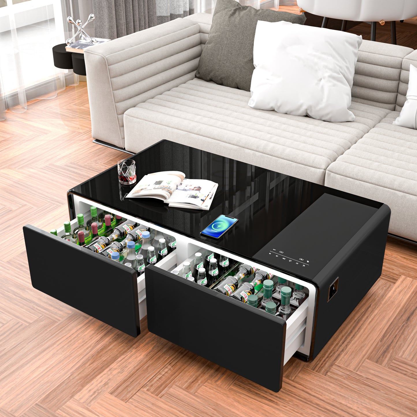 Modern Smart Coffee Table with Fridge & Bluetooth