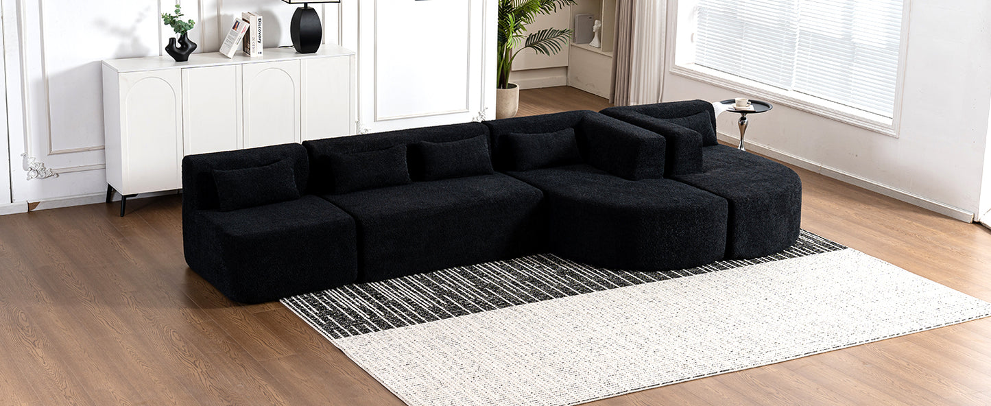 143.7 Upholstered Sofa with Chaise and Back Pillows, Black