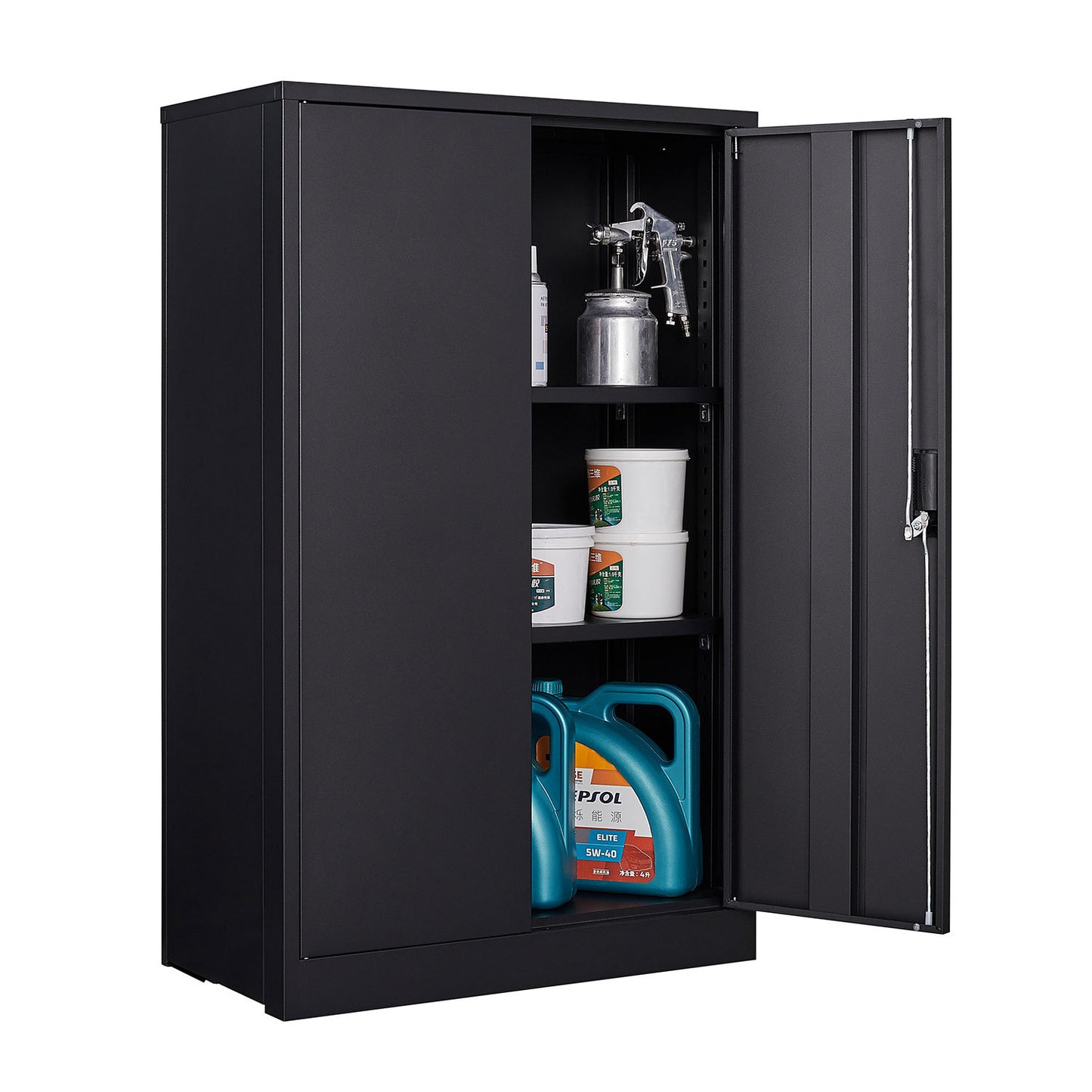 Metal storage cabinet with locking doors