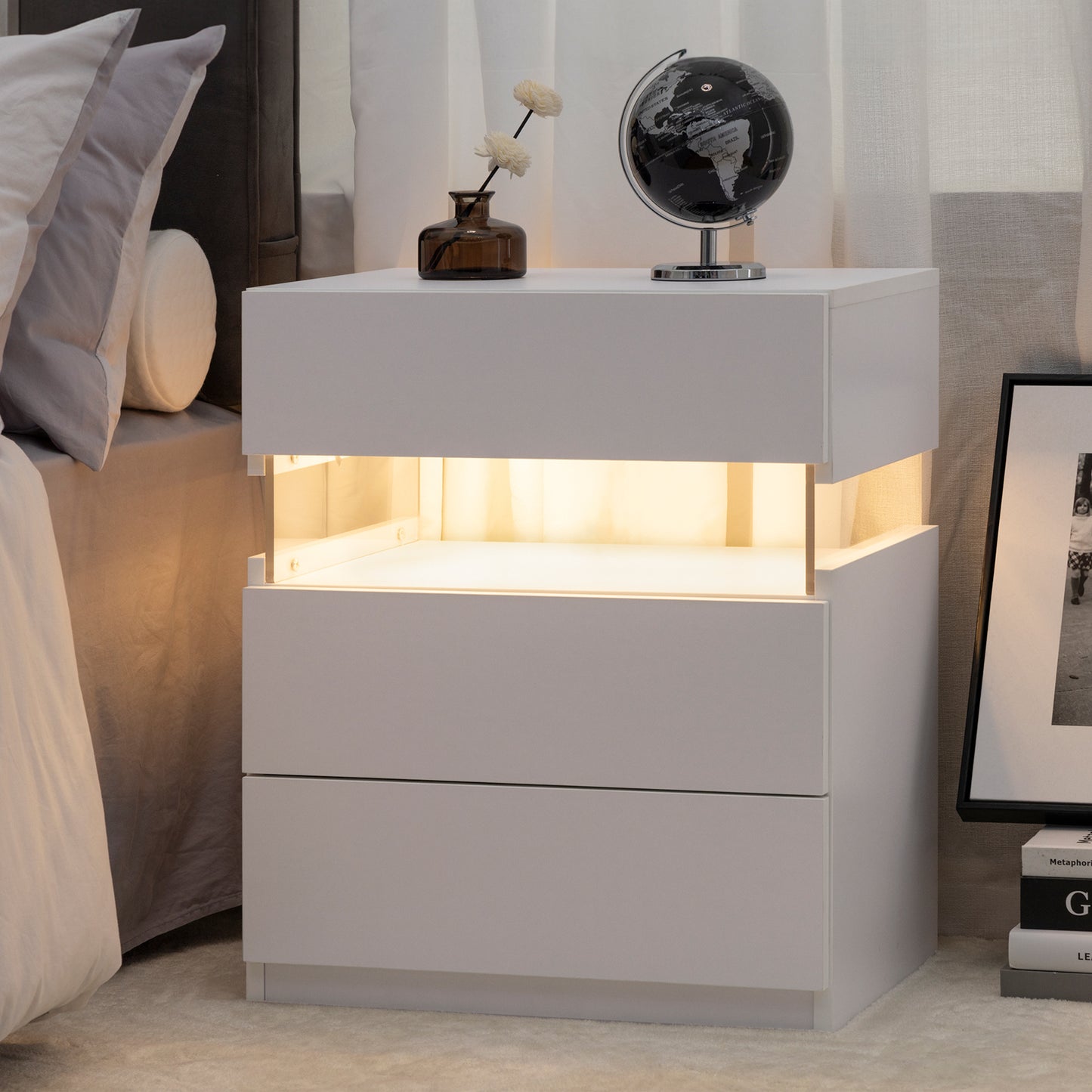 LED nightstand with 3 drawers and acrylic board, white