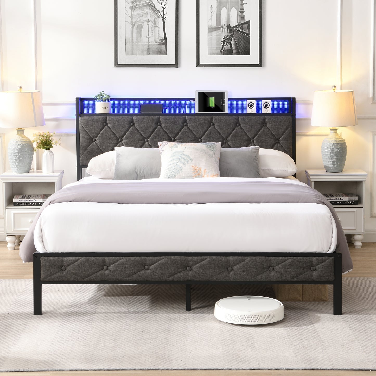 Queen bed frame with storage headboard and LED lights, dark gray