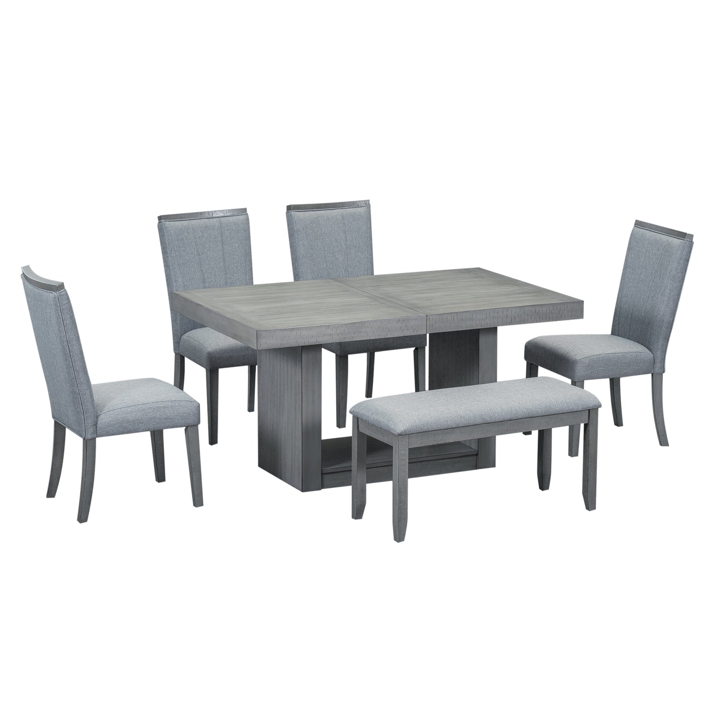 6-piece contemporary extendable dining set with pedestal table and bench, gray