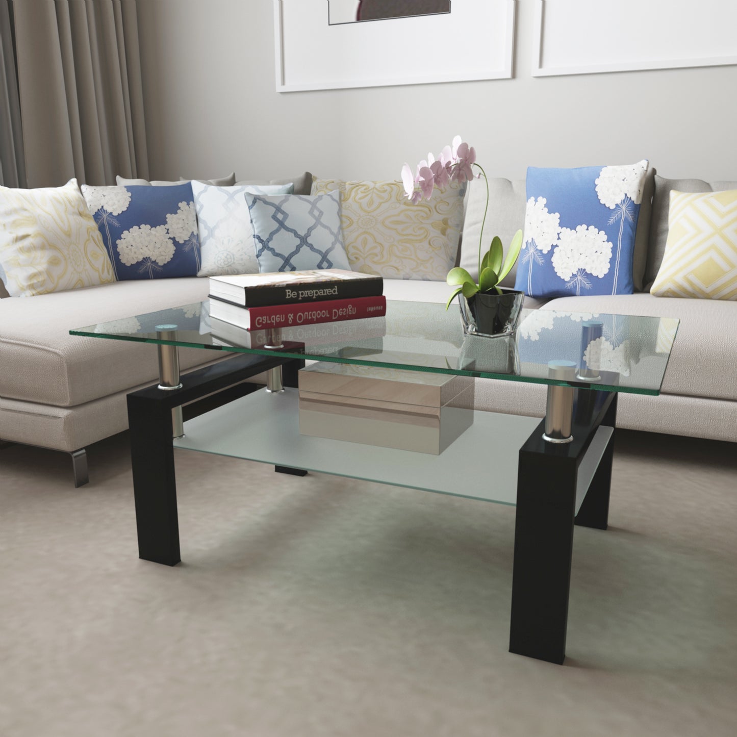 Rectangle Black Glass Coffee Table, Modern Design