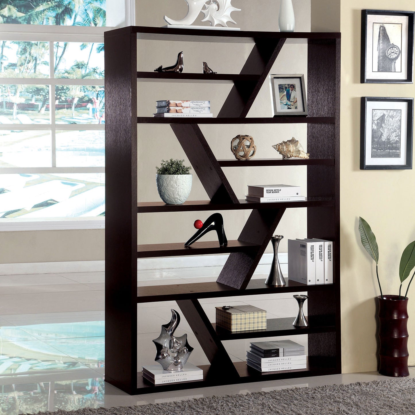 Contemporary Espresso Zig-Zag Display Shelf