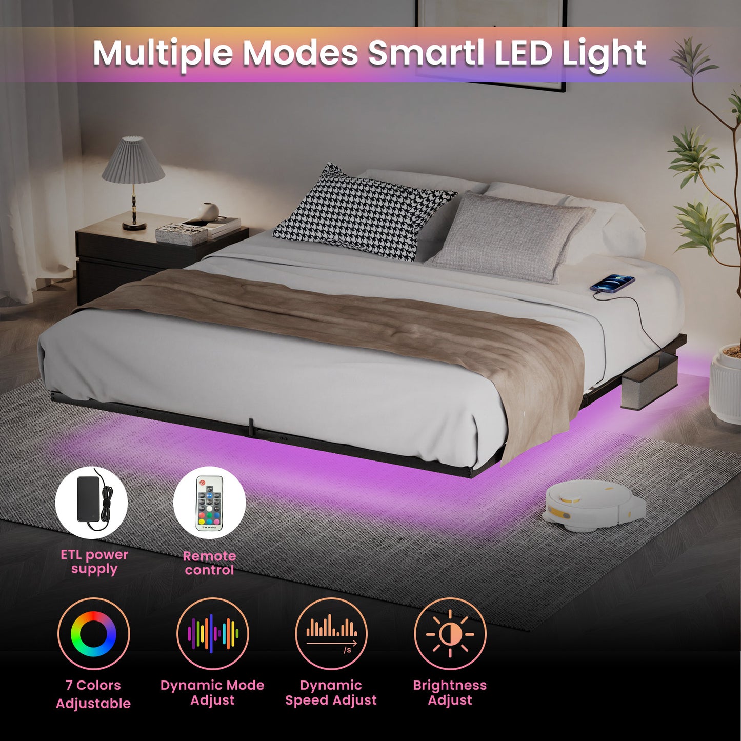 King floating bed frame with LED lights and charging station, metal platform