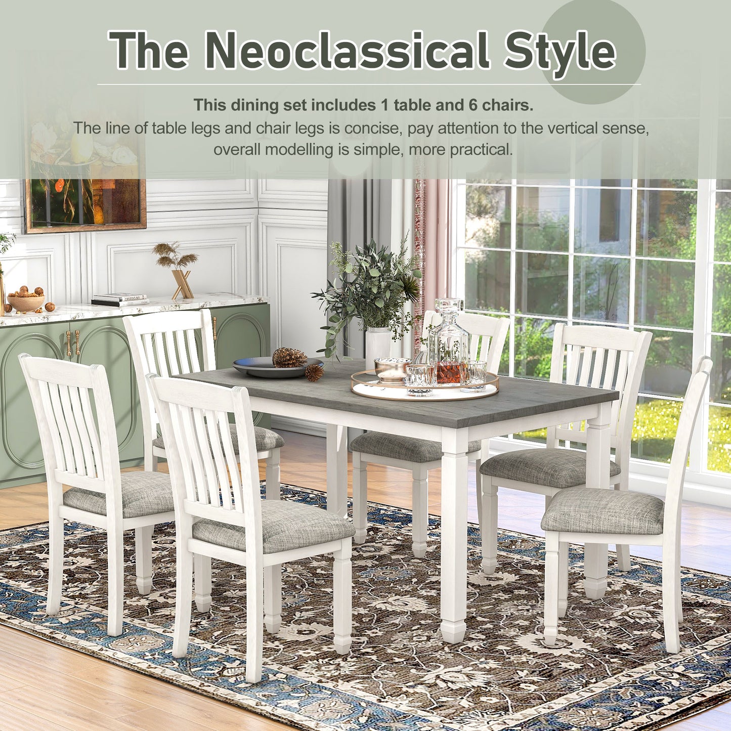 7-piece dining set with upholstered chairs and shaped legs, gray table, white chairs