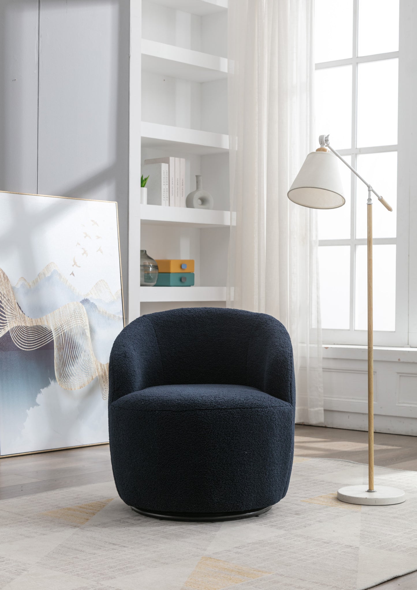 Accent Swivel Armchair with a black metal ring - Dark Blue