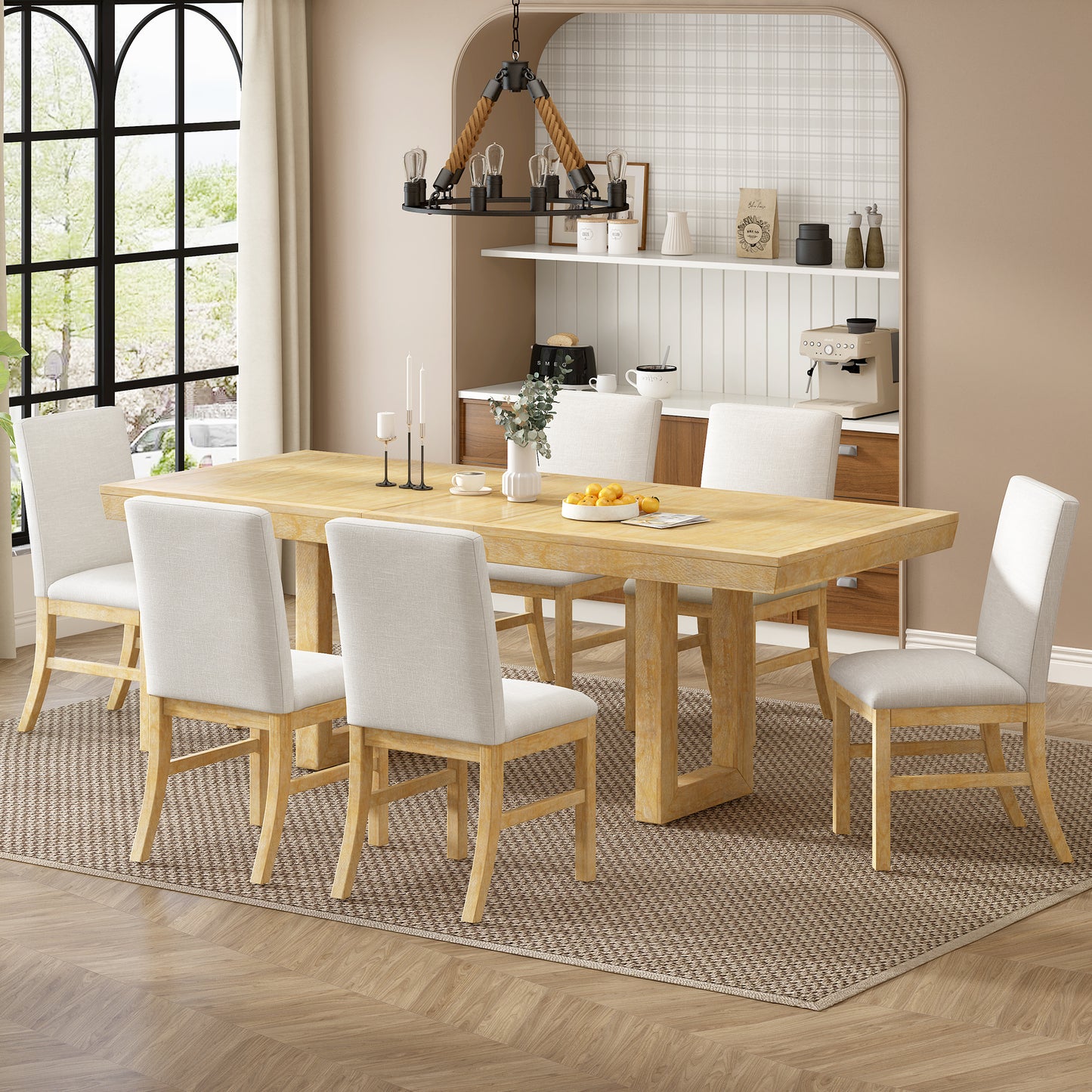 7-piece traditional extendable dining set with butterfly leaf, natural finish