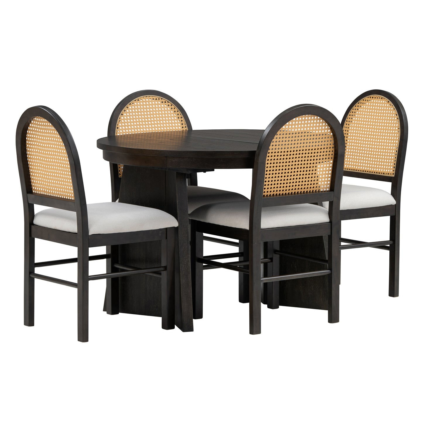 5-piece retro dining set with extendable table and rattan-back chairs, espresso