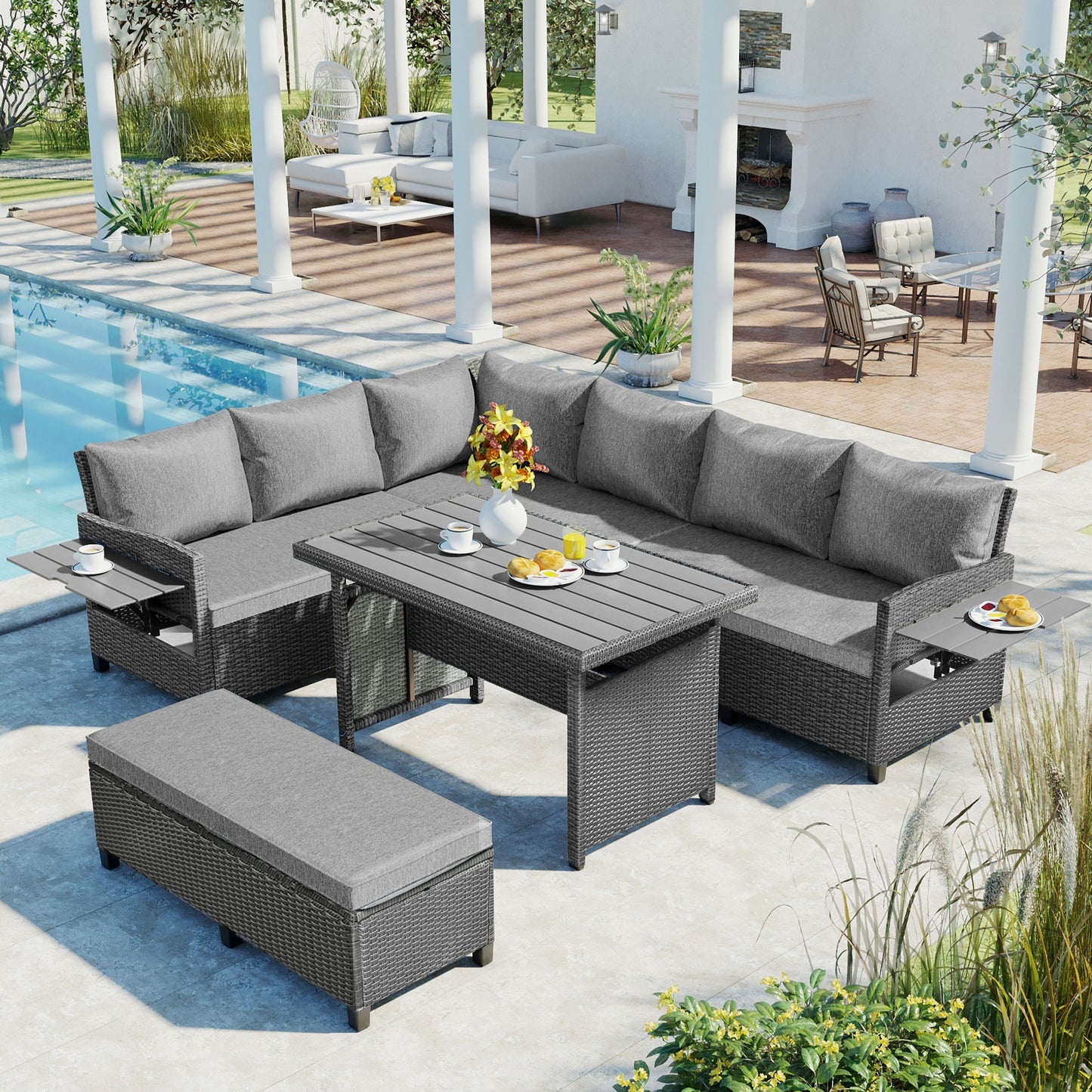 5-piece outdoor rattan sectional sofa set, gray