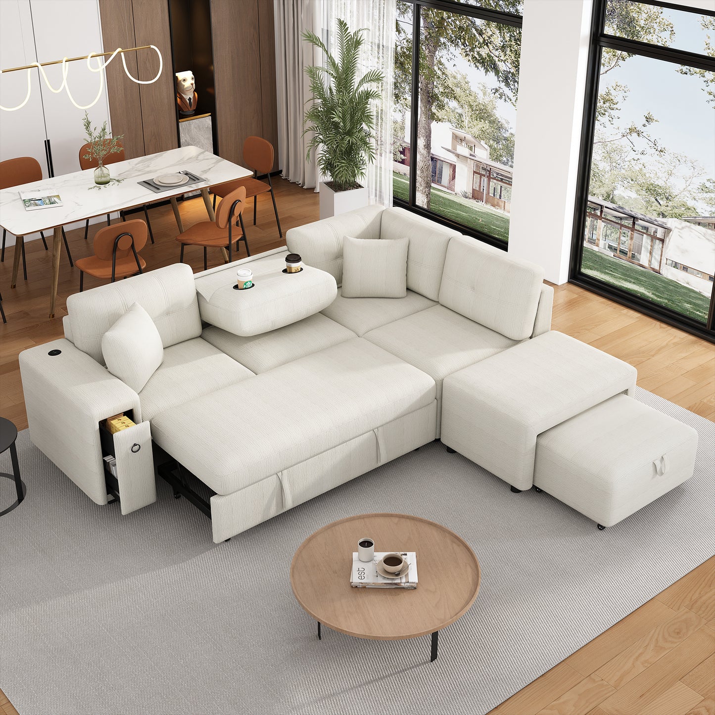 86.6 L-Shaped Sofa Bed with Ottoman, USB Ports & Cup Holders, Beige