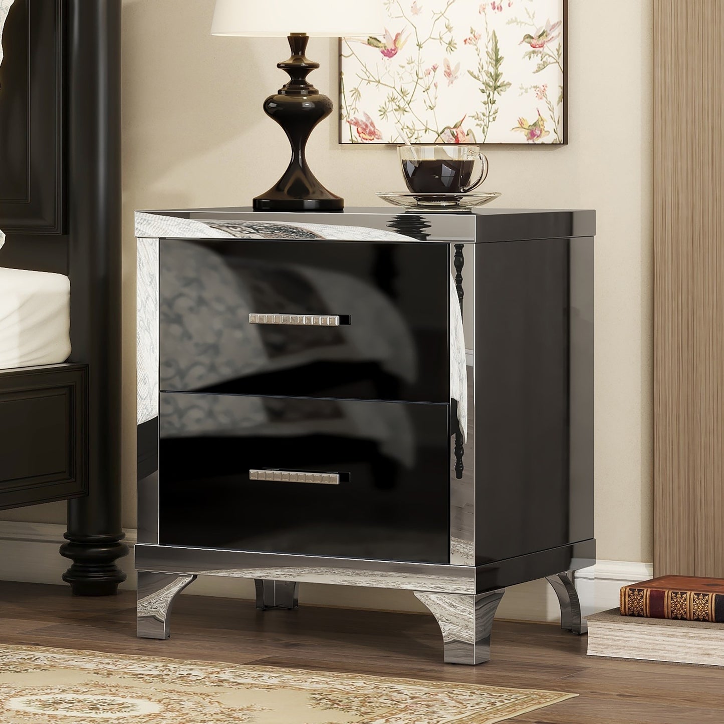 Elegant high gloss nightstand with 2 drawers, mirrored, black