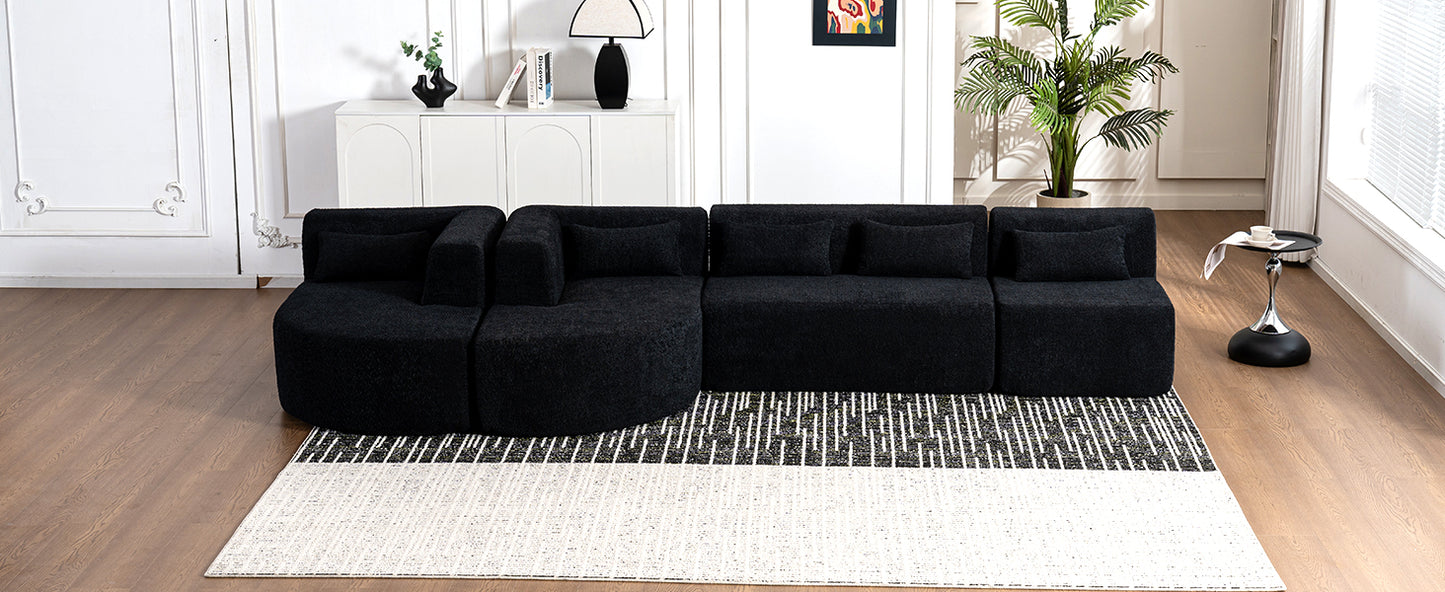 143.7 Upholstered Sofa with Chaise and Back Pillows, Black