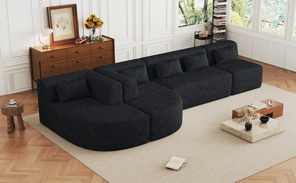 143.7 Upholstered Sofa with Chaise and Back Pillows, Black