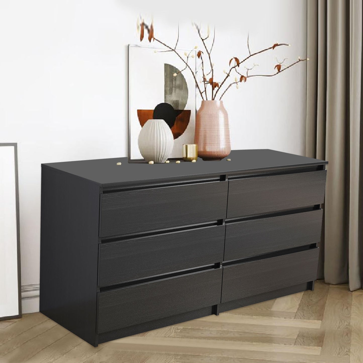 6-drawer double dresser in black for bedroom, living room, or hallway