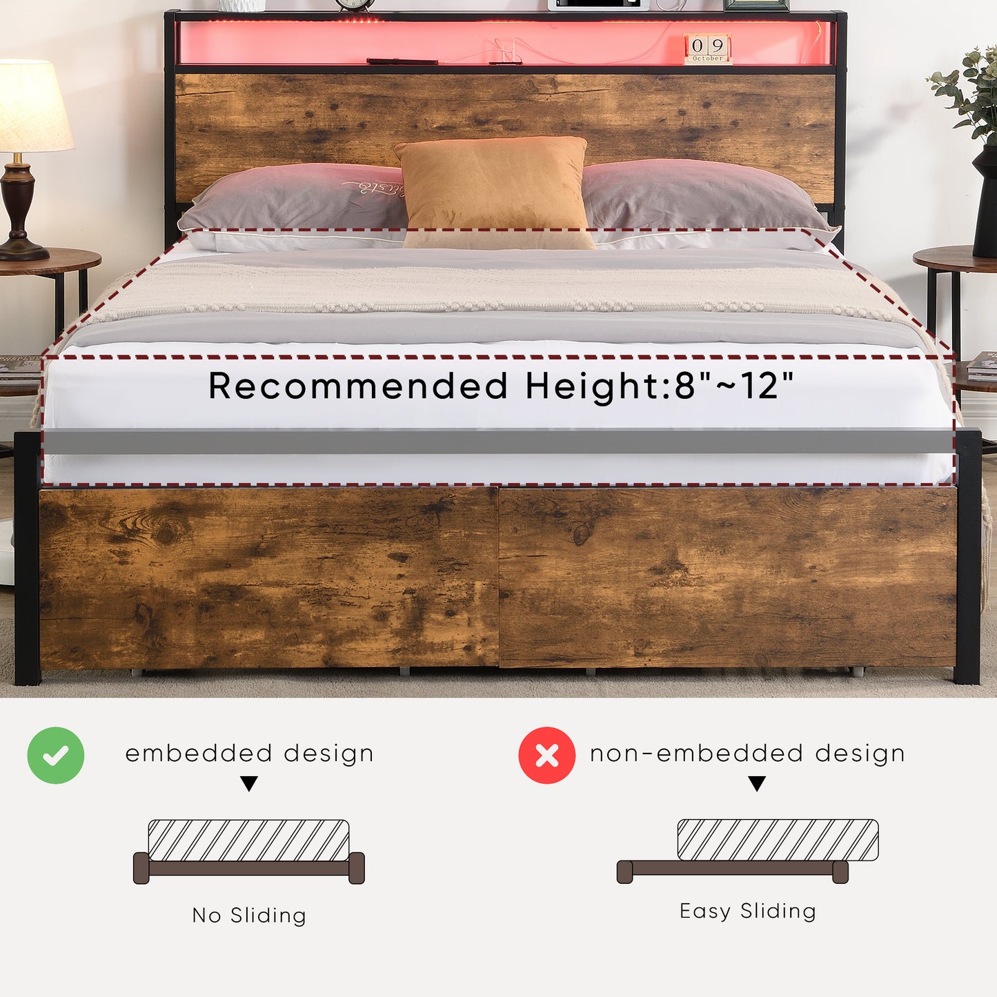 Queen bed frame with storage headboard, drawers, and LED lights