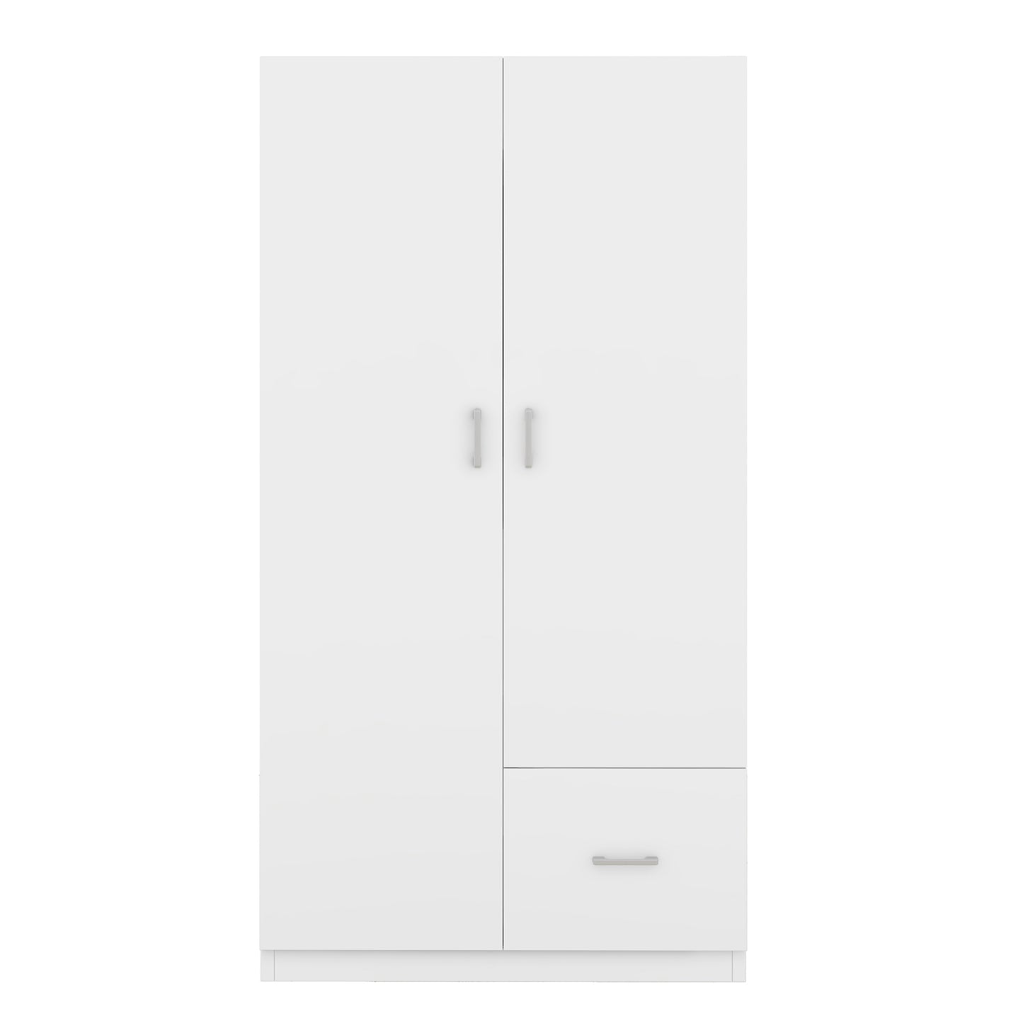 Wooden wardrobe dresser with double doors, hanging rod, 5 shelves, and storage drawer, white