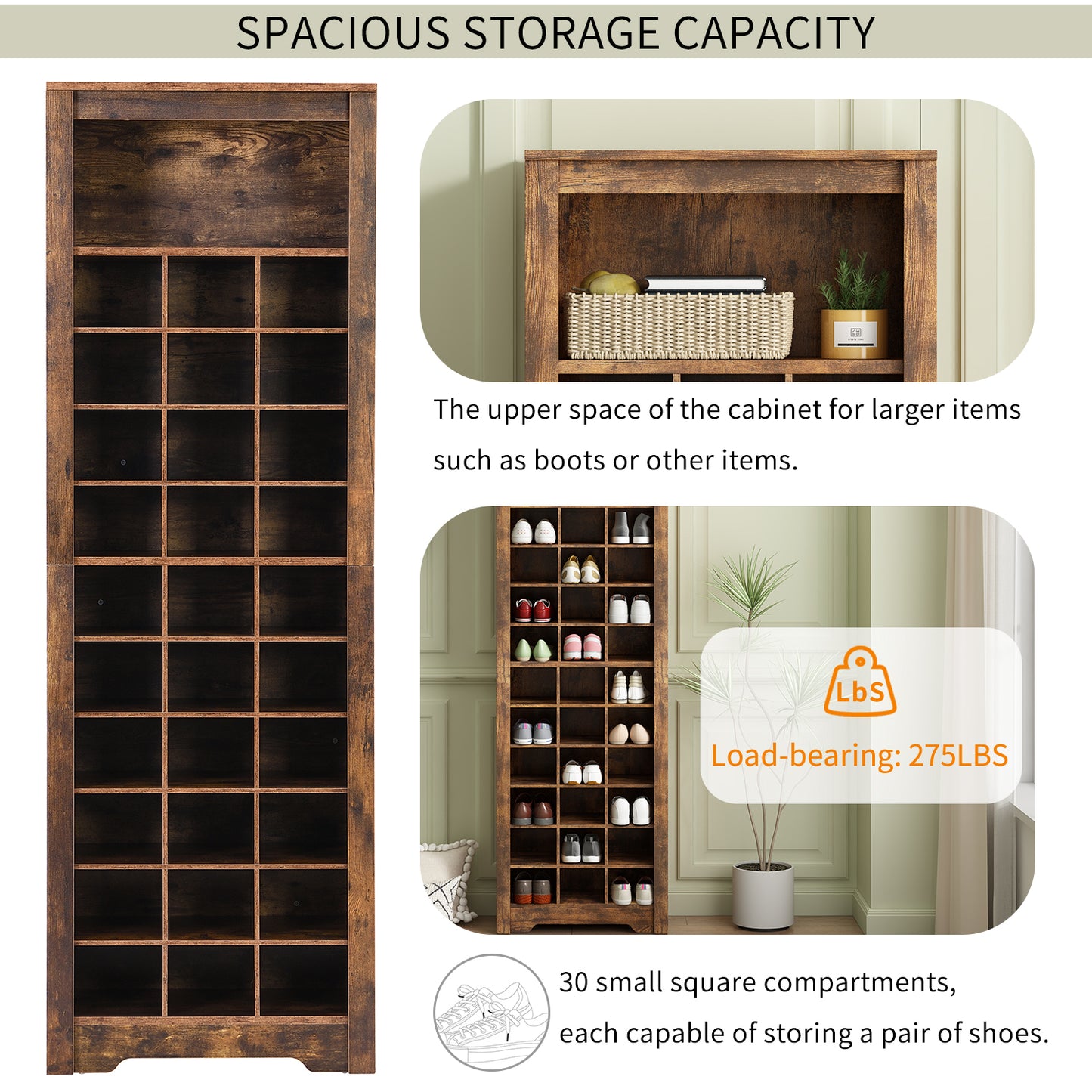 Stylish 30-cubby shoe cabinet, rustic brown