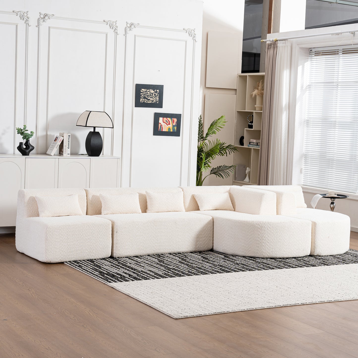 143.7 Upholstered Sofa with Chaise and Back Pillows, Beige