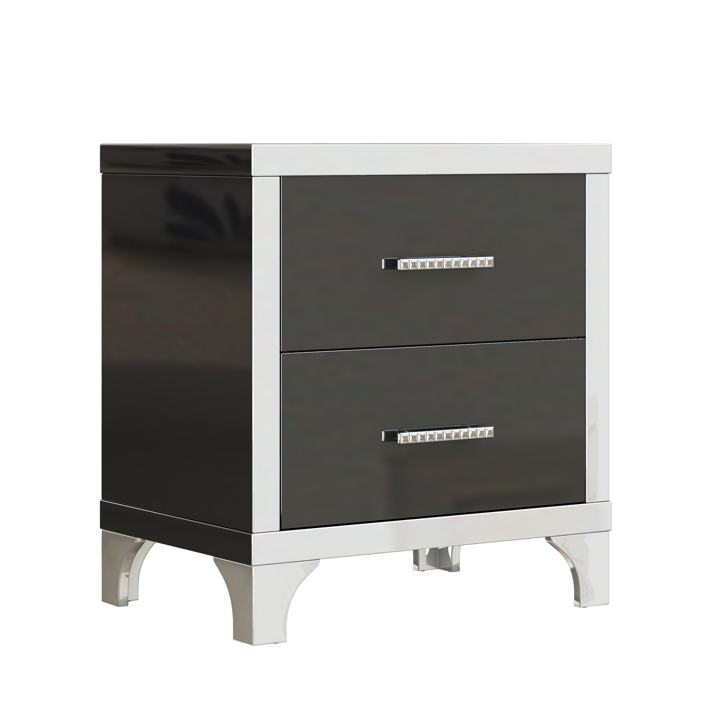 Elegant high gloss nightstand with 2 drawers, mirrored, black