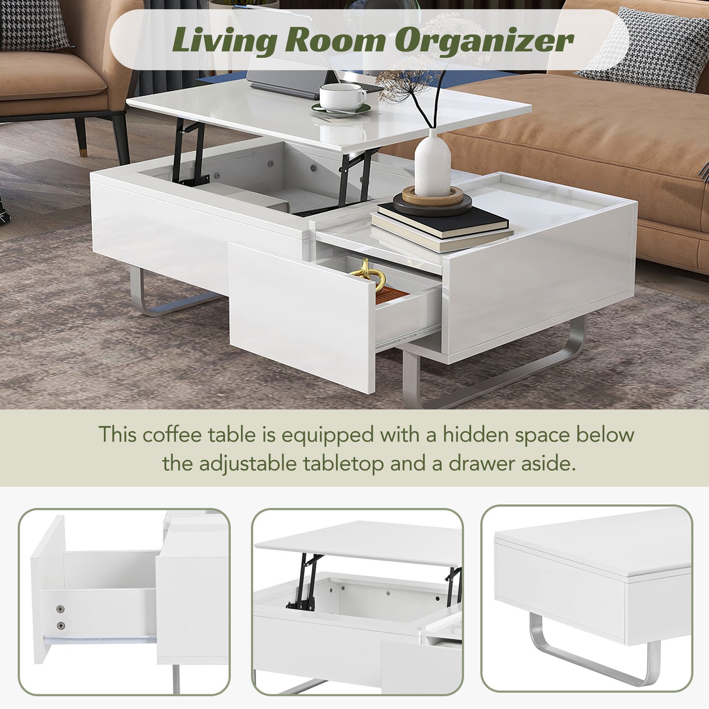 ON-TREND Multi-Functional Coffee Table with Lifted Top, White