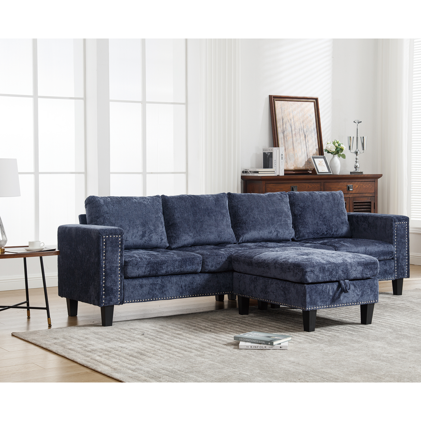 5-Seat Modular Sofa with Storage Ottoman, Reversible Chaise, Chenille, Blue