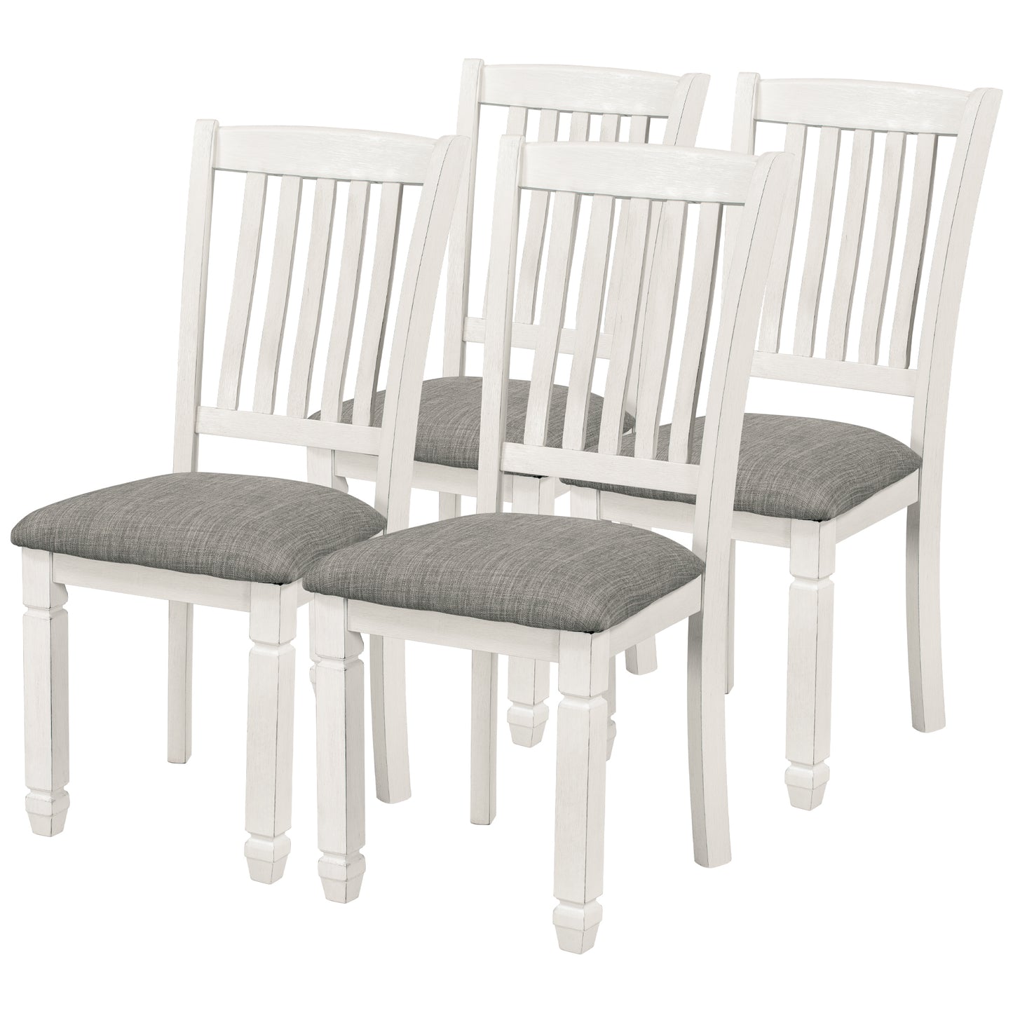 7-piece dining set with upholstered chairs and shaped legs, gray table, white chairs