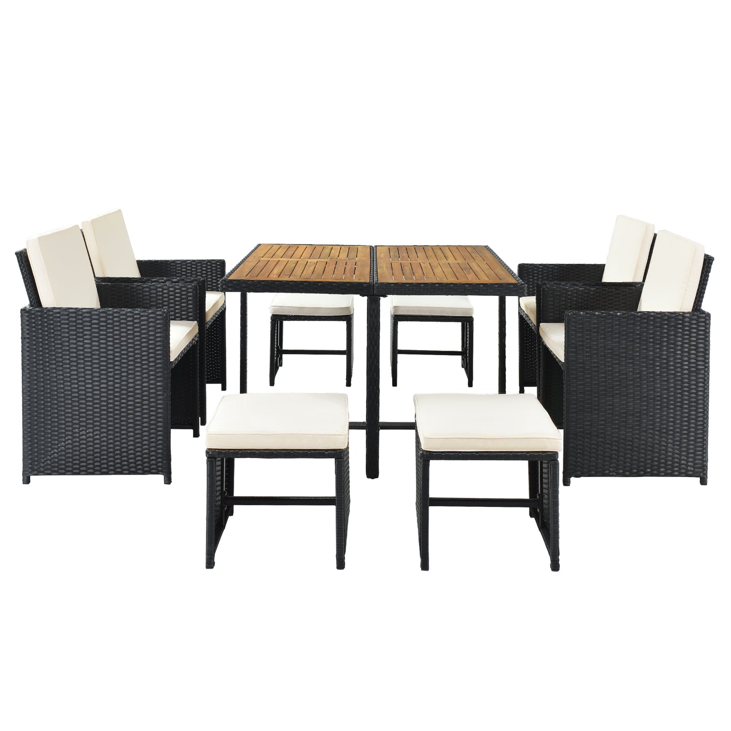 9-piece patio wicker dining set, black rattan, beige cushions