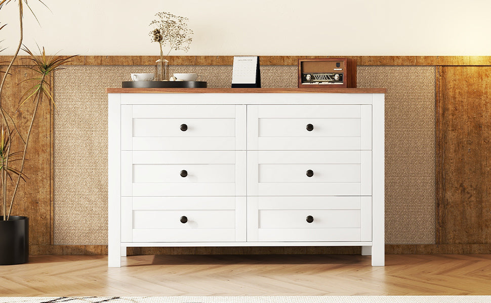 Retro farmhouse dresser with 6 drawers, white and brown