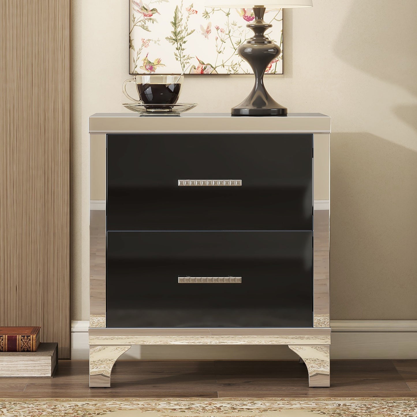 Elegant high gloss nightstand with 2 drawers, mirrored, black