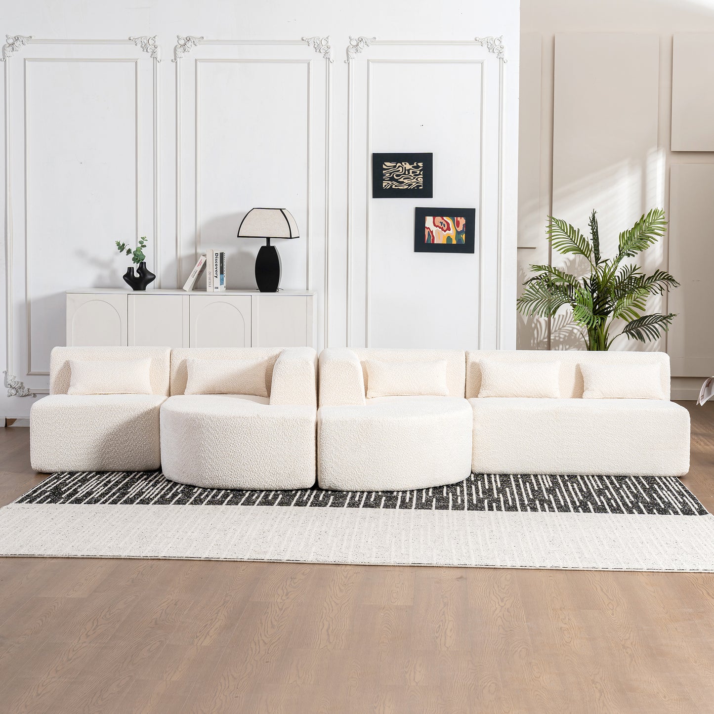 143.7 Upholstered Sofa with Chaise and Back Pillows, Beige