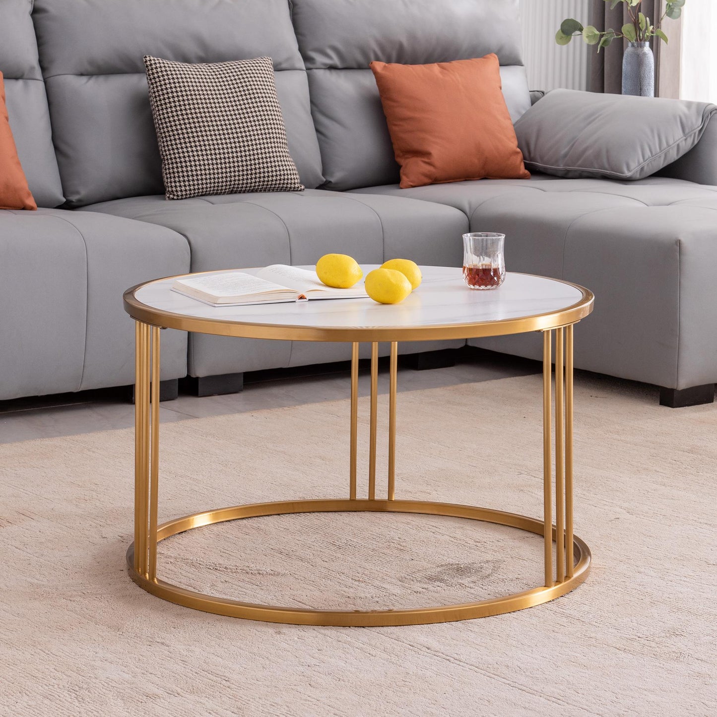 Slate round coffee table with golden stainless steel frame