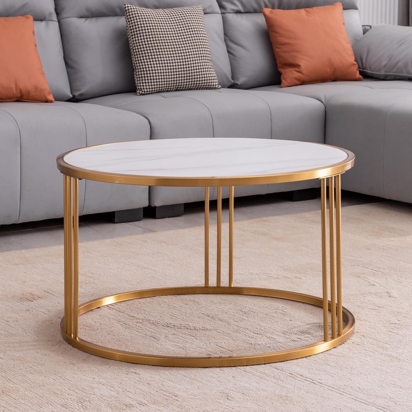 Slate round coffee table with golden stainless steel frame
