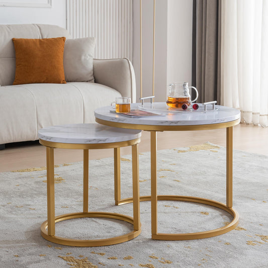 Modern Nesting Coffee Table, Golden Metal Frame, Marble Top, 23.6"