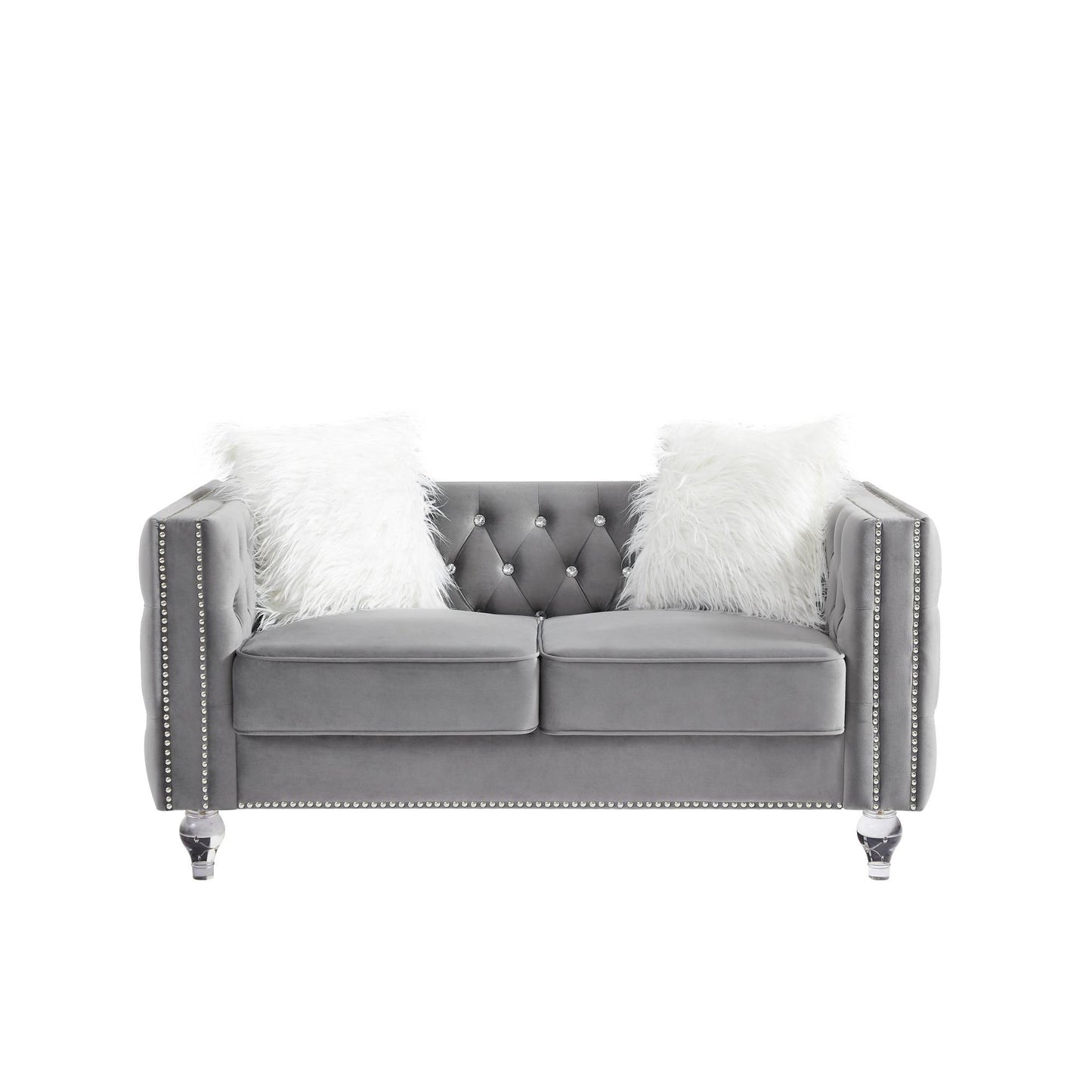 Velvet Tufted Sofa with Crystal Feet, Removable Cushions