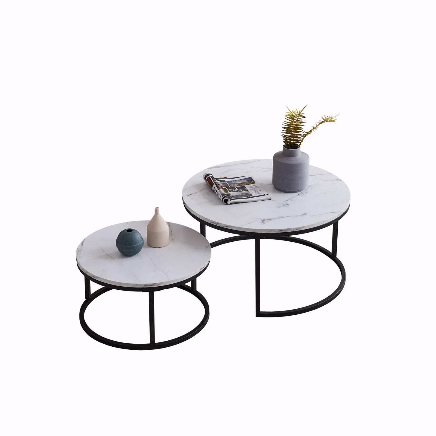 Modern Nesting Coffee Table, Black Metal Frame, Marble Top, 31.5"