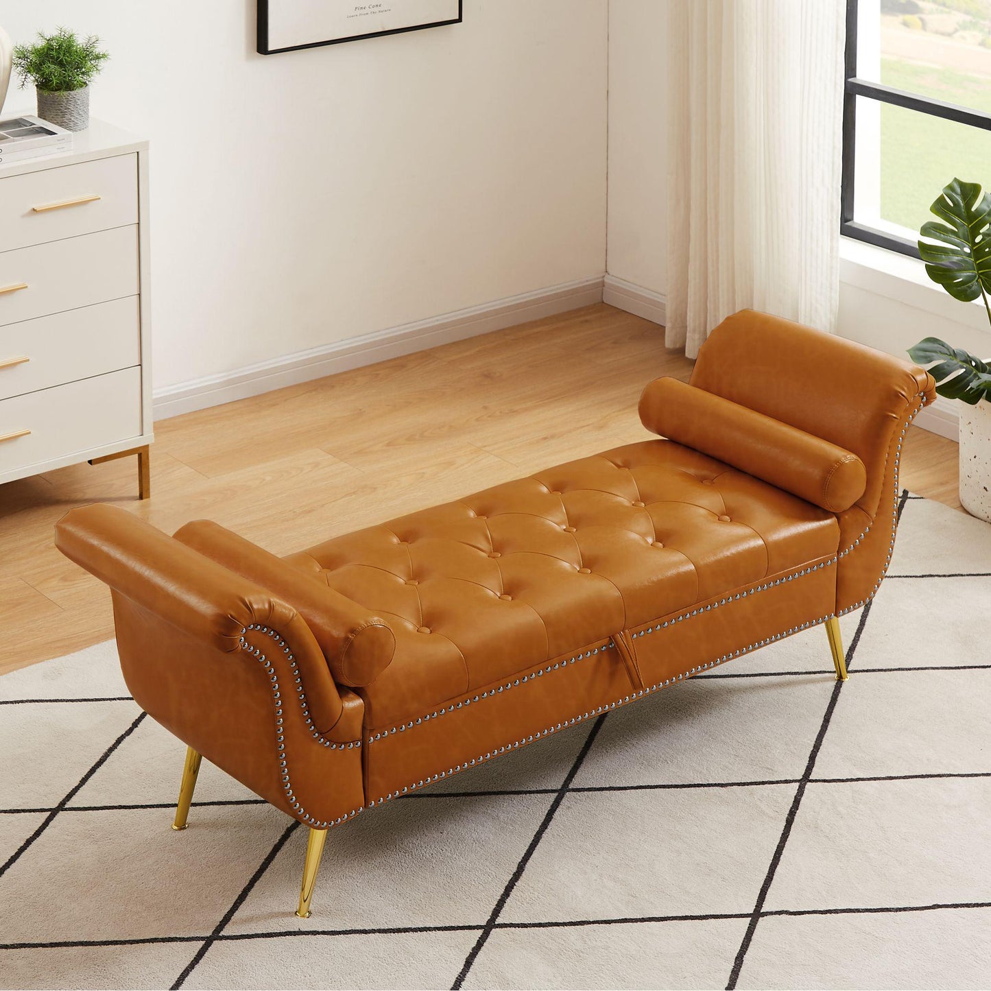 PU Leather Storage Bench with 2 Pillows and Hardware Feet