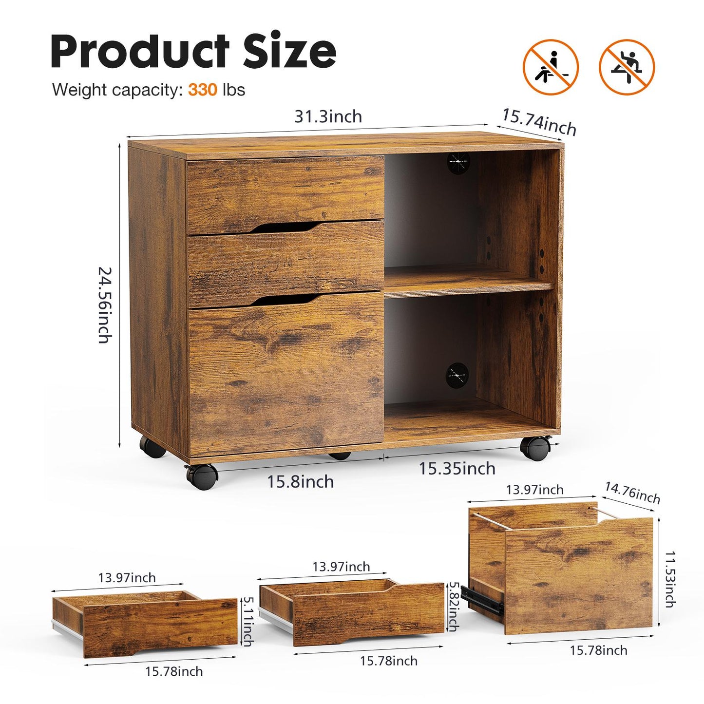 3-Drawer Wood Printer Stand with Storage and Wheels