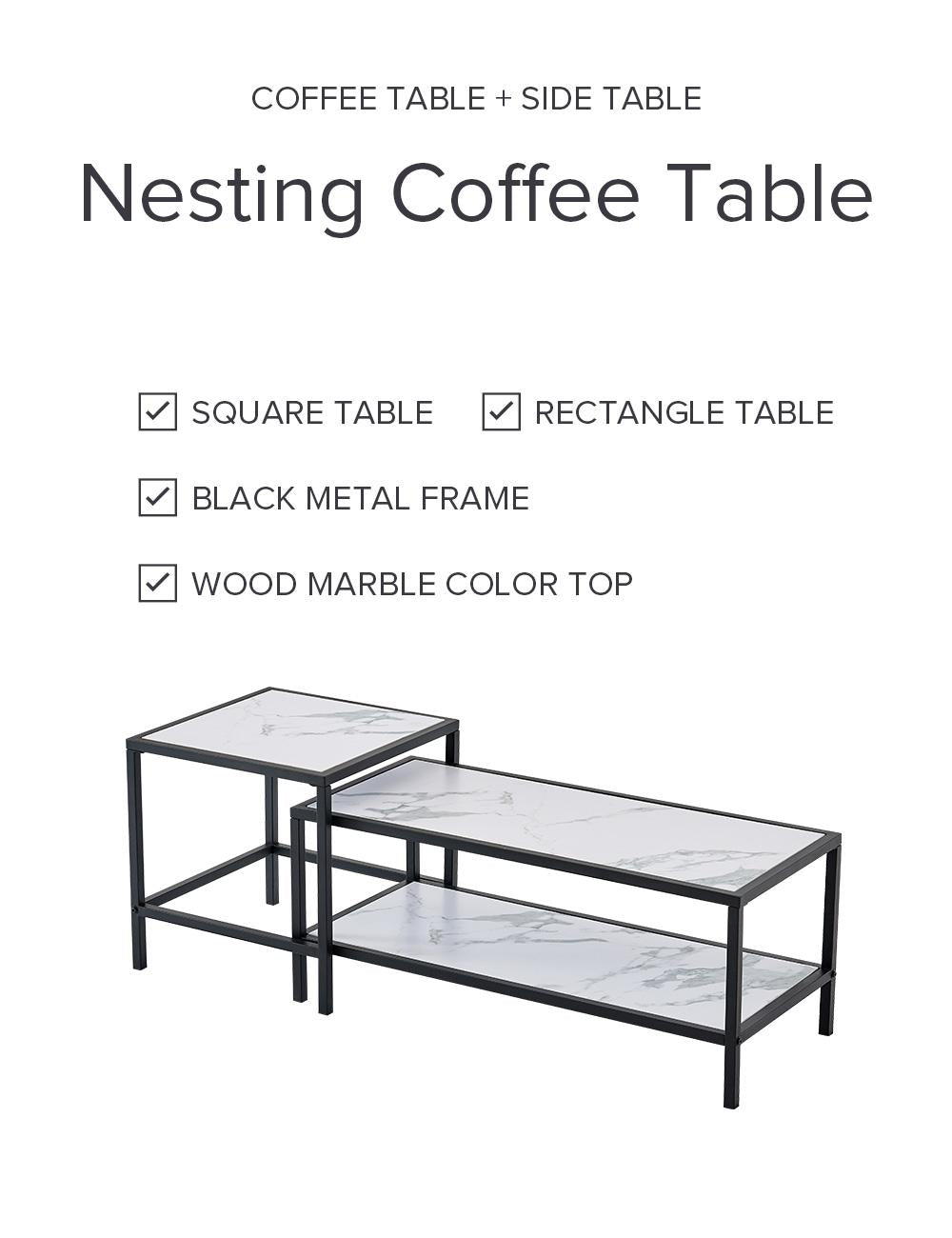 Modern Nesting Coffee Table Set, Black Metal Frame, Wood Marble Top