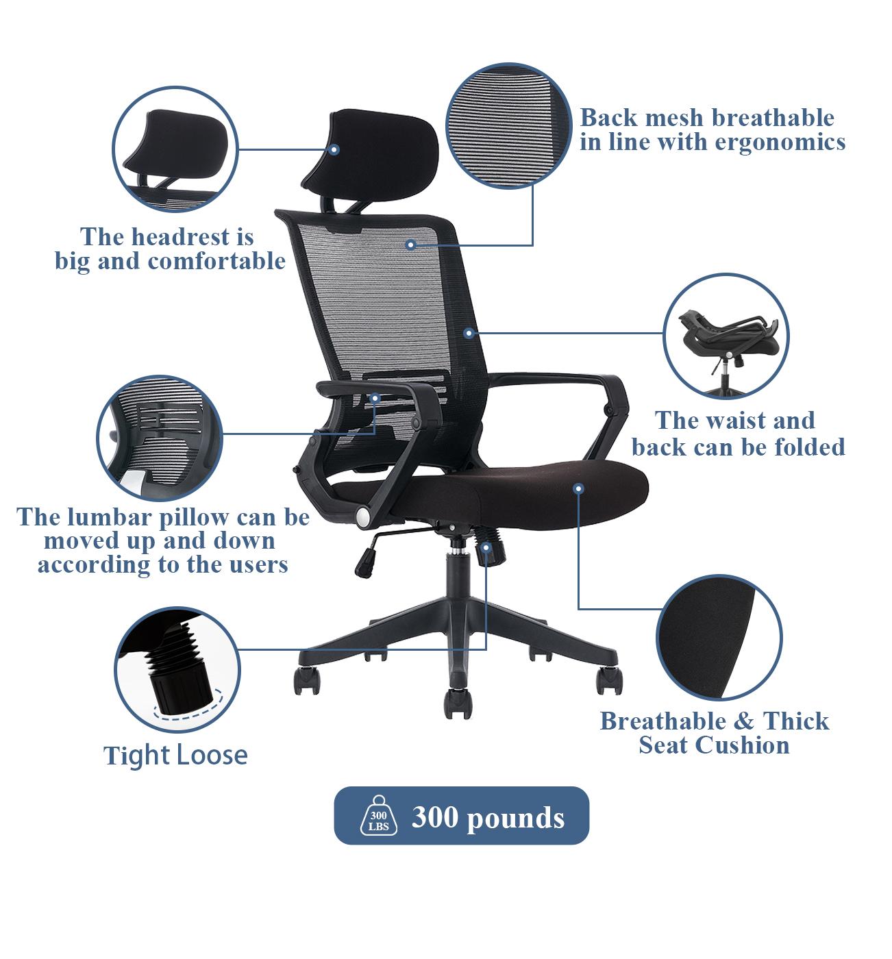 High Back Office Chair with Fixed Arms and Headrest, Black