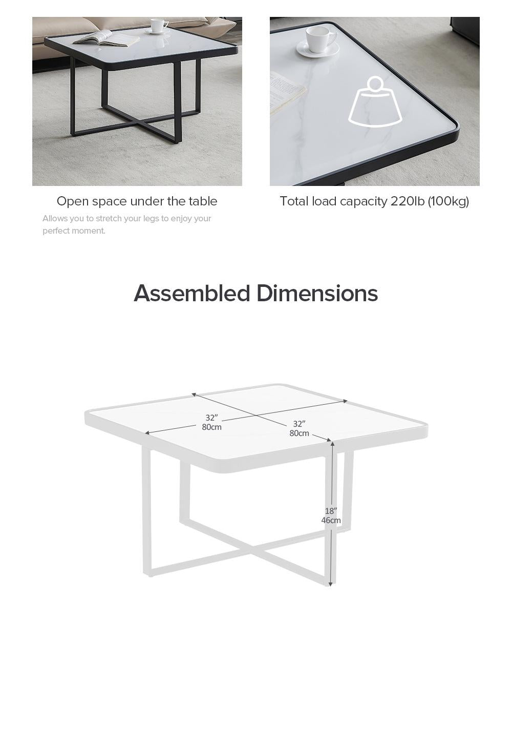 Minimalist Square Coffee Table, Black Metal Frame, Sintered Stone Top