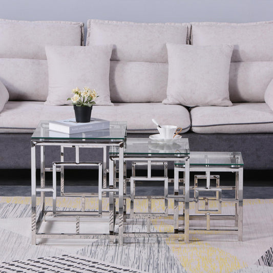 3 Pieces Silver Square Nesting Glass End Tables