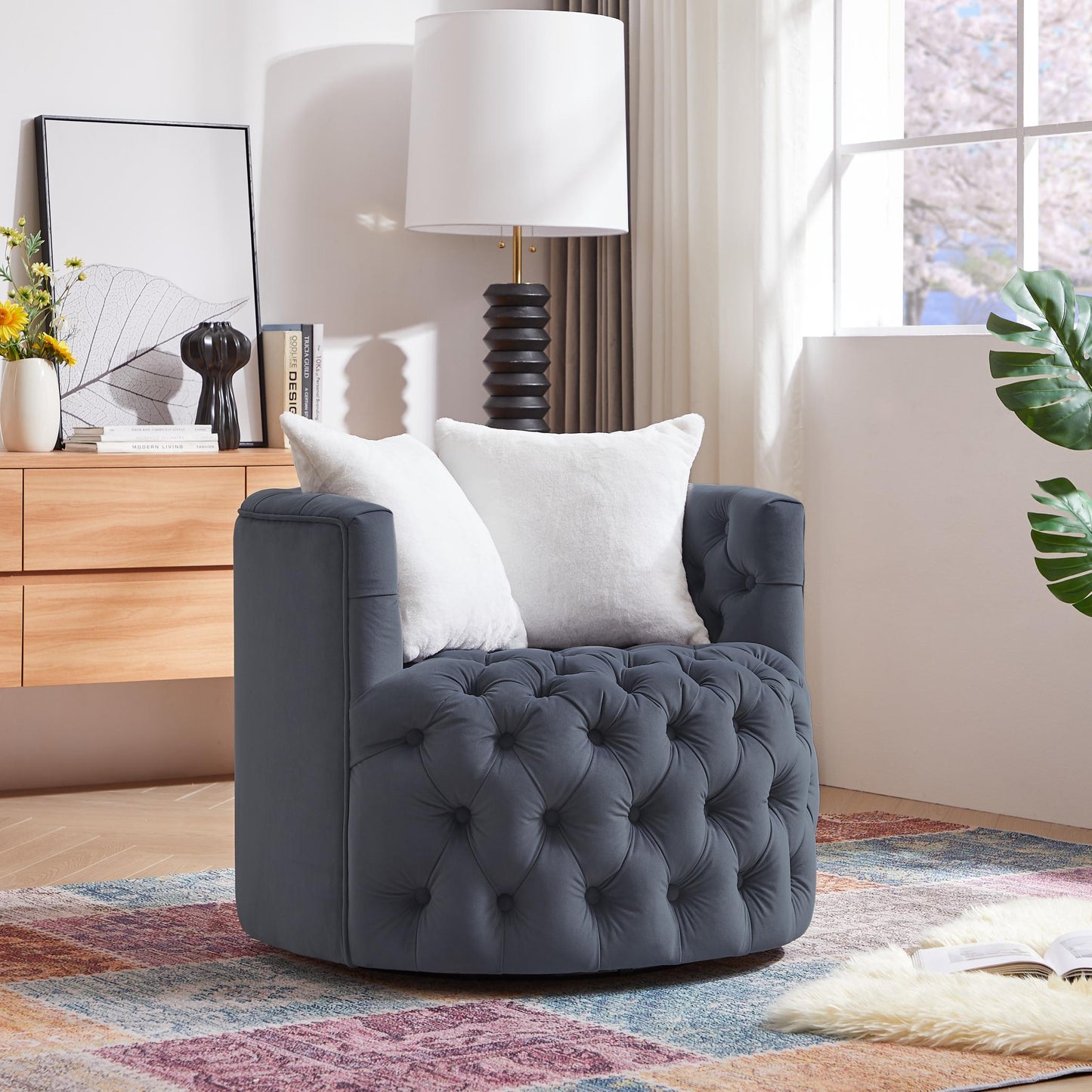 Modern Swivel Barrel Chair with Velvet Fabric, 360° Swivel Base