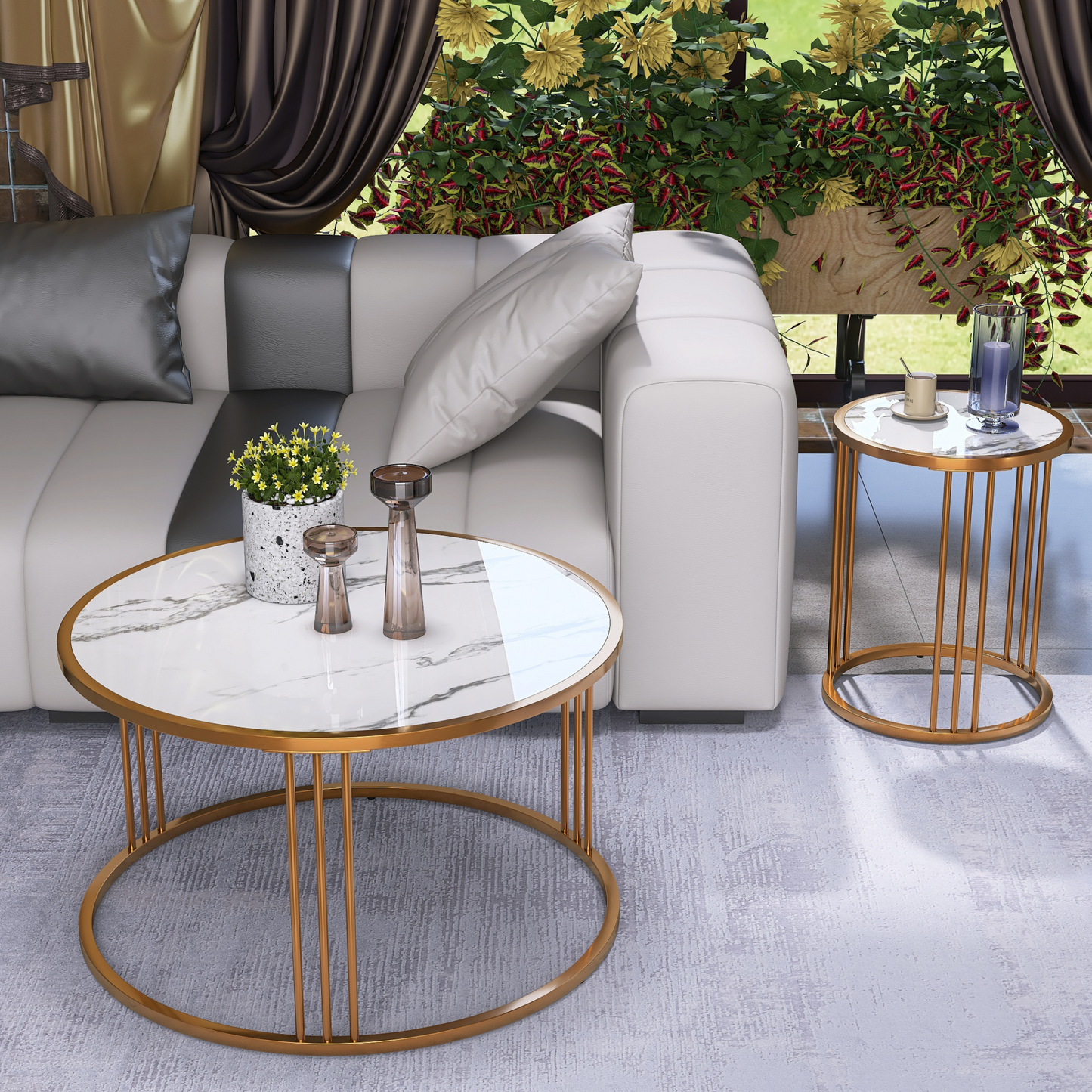 Set of 2 Round Slate Coffee Tables with Steel Frames