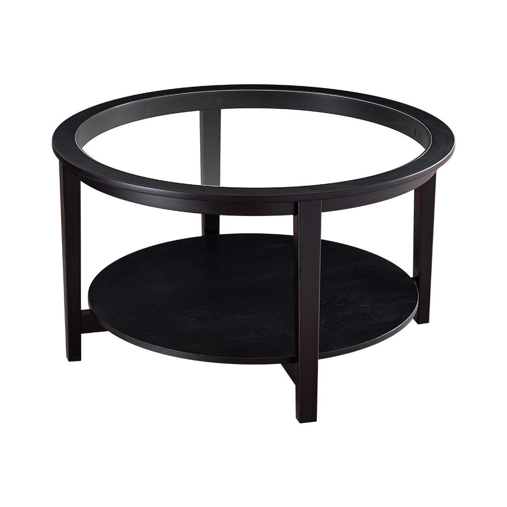 Modern Solid Wood Round Coffee Table, Black Tempered Glass Top, 36"