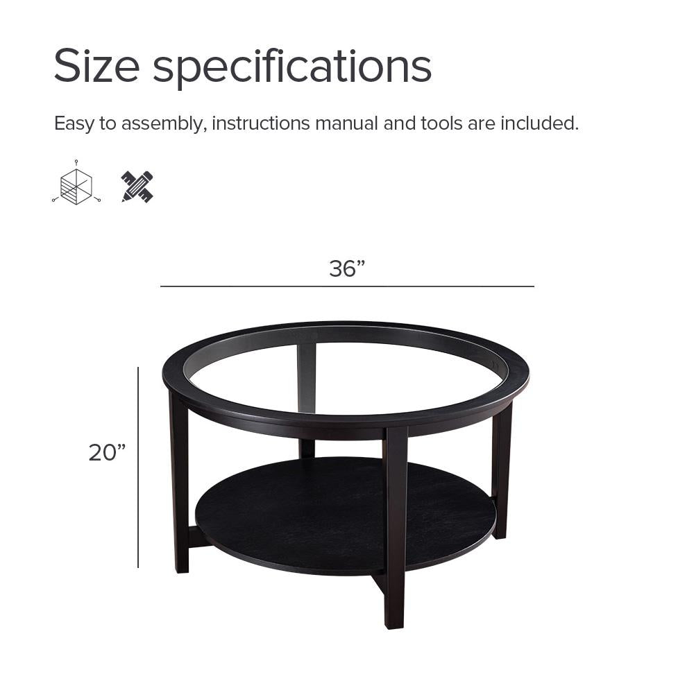 Modern Solid Wood Round Coffee Table, Black Tempered Glass Top, 36"