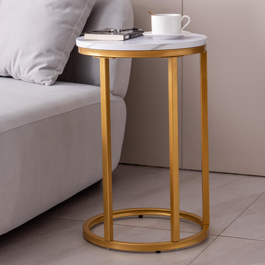 Modern C-Shaped Side Table, Golden Metal Frame, Round Marble Top